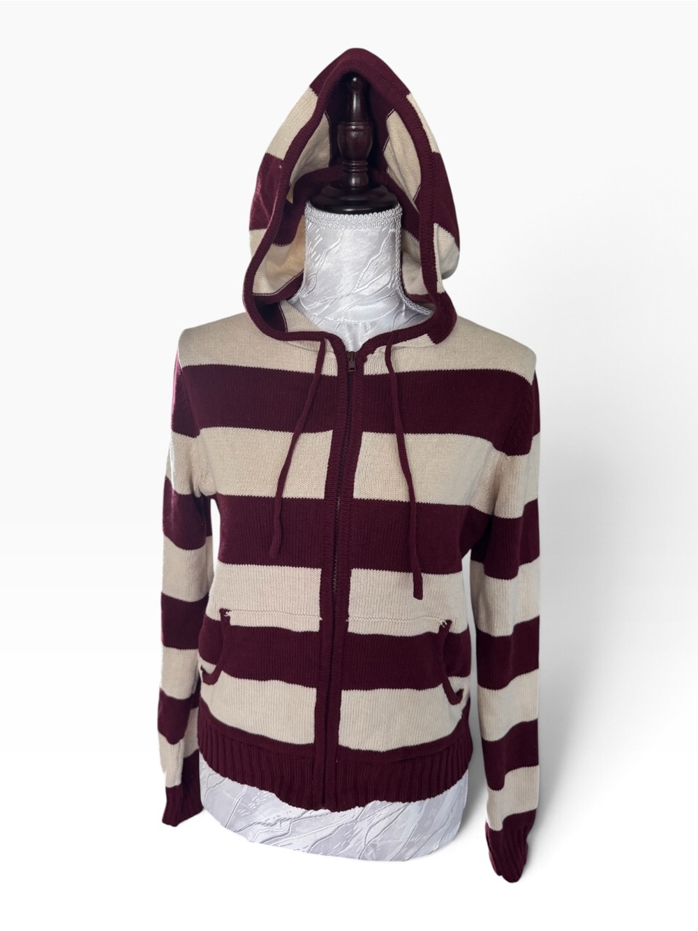 Pink Rose Striped Hooded Zip Sweater Jacket - Burgundy and Cream NWT